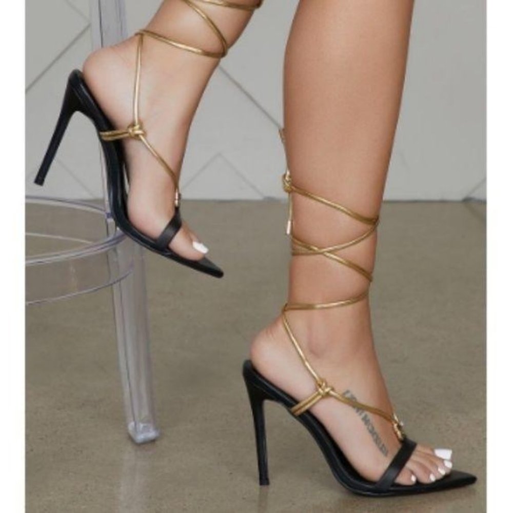 Black & Gold Ankle Wrap Heels - Picture 6 of 8